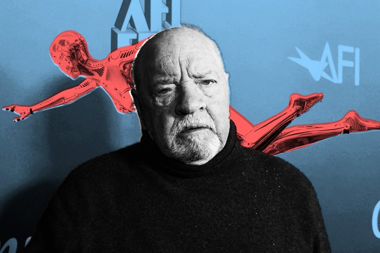 Paul Schrader is shown wearing a black turtleneck sweater. Behind him is a blue backdrop featuring a red robotic figure in a dynamic pose and the letters "AFI" in light blue.
