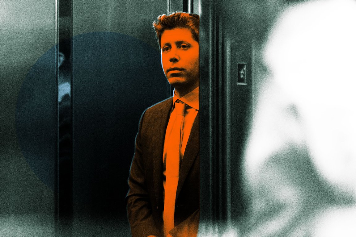 Sam Altman stands partially behind an elevator door, looking forward with a serious expression. The image has a color effect with Altman highlighted in orange tones, while the background and surrounding areas are in muted blue and gray shades.