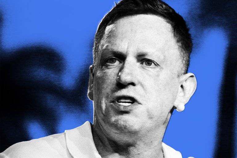Close-up of Peter Thiel speaking, wearing a white shirt, against a blue and black blurred background. The image is in high contrast black and white with the background colorized in blue.
