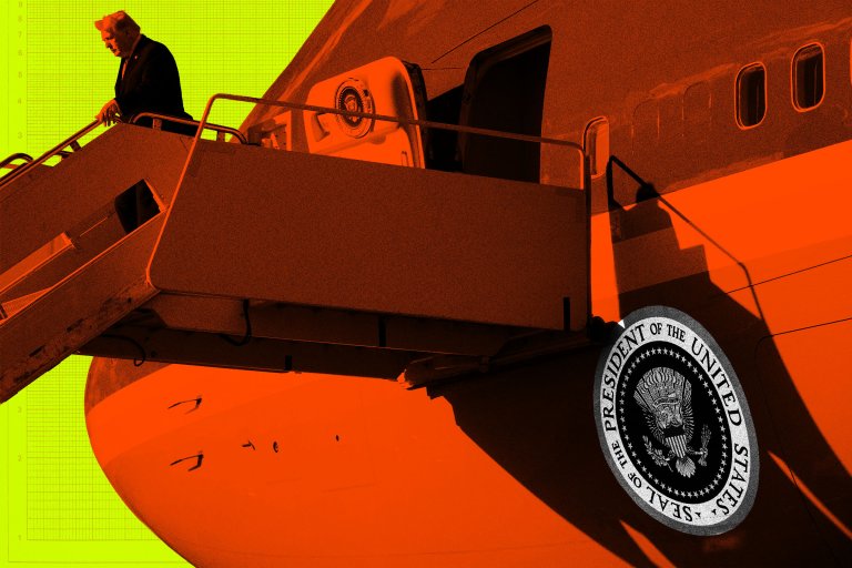 A stylized image of Donald Trump descending the stairs of Air Force One, the presidential aircraft of the United States. The aircraft is prominently marked with the Seal of the President of the United States. The image uses a high-contrast color scheme with bright orange and yellow tones.