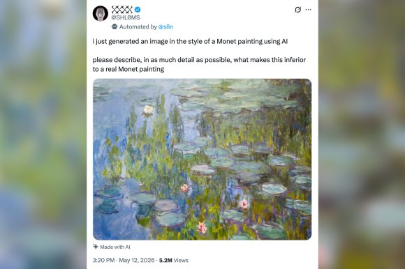 Screenshot of a prankster posting a real Monet painting but claiming it's AI-generated.