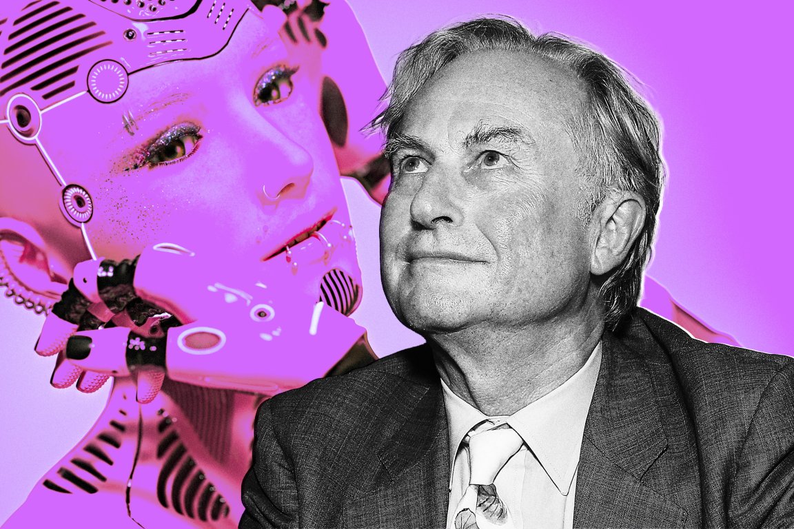 A black-and-white portrait of Richard Dawkins in a suit and tie looking upward, set against a vibrant purple background featuring a close-up of a futuristic female robot with detailed mechanical features and a contemplative expression.
