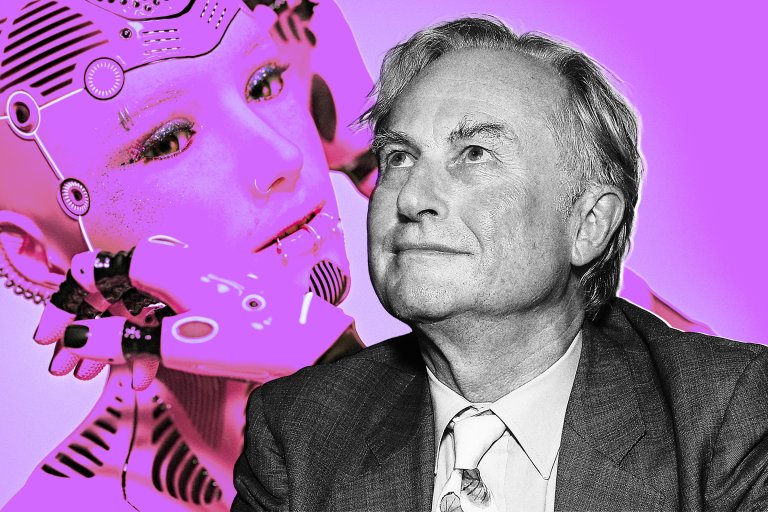 A black-and-white portrait of Richard Dawkins in a suit and tie looking upward, set against a vibrant purple background featuring a close-up of a futuristic female robot with detailed mechanical features and a contemplative expression.