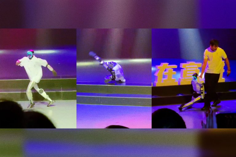 A sequence of three images shows a humanoid robot performing on stage. In the first image, the robot is standing on one leg with its arms extended, appearing to dance. In the second image, the robot is falling backward onto the stage steps. In the third image, a person in a white shirt is carrying the robot away.