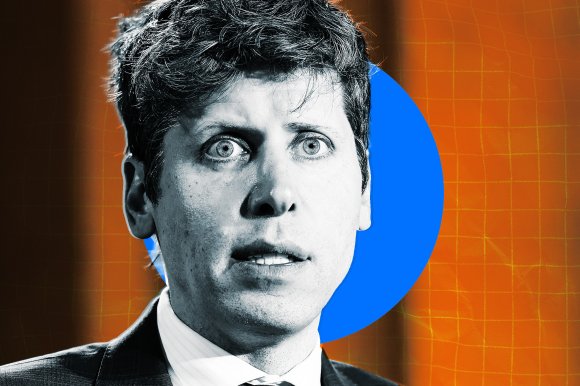 Close-up of Sam Altman, wearing a suit and tie. His expression appears serious or concerned. The background features an orange grid pattern with a solid blue circle behind his head. The image has a high-contrast, stylized look.