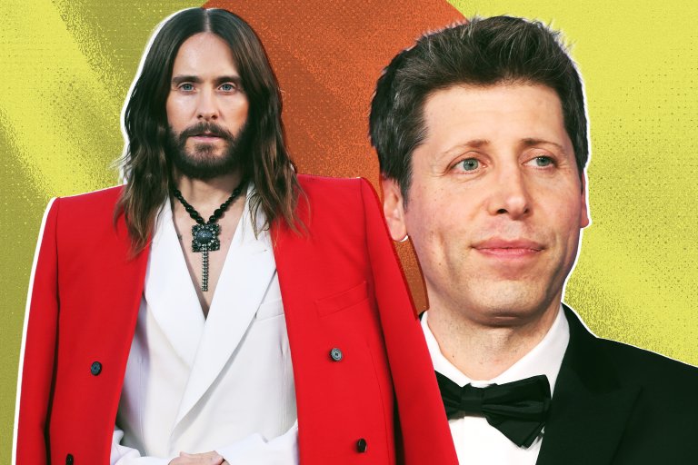 Composite image featuring a photograph of actor and musician Jared Leto and a photograph of OpenAI CEO Sam Altman on a yellow background.
