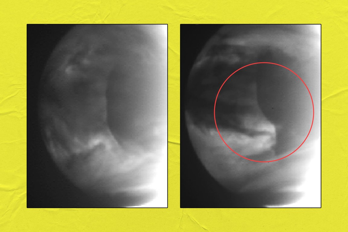Two black-and-white images of a planet with a crescent shape, showing cloud formations. The right image has a red circle highlighting a specific area on the planet's surface. The background is yellow.