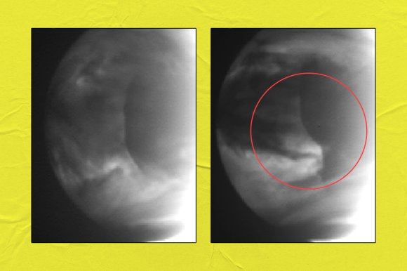 Two black-and-white images of a planet with a crescent shape, showing cloud formations. The right image has a red circle highlighting a specific area on the planet's surface. The background is yellow.