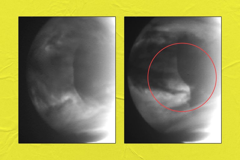 Two black-and-white images of a planet with a crescent shape, showing cloud formations. The right image has a red circle highlighting a specific area on the planet's surface. The background is yellow.