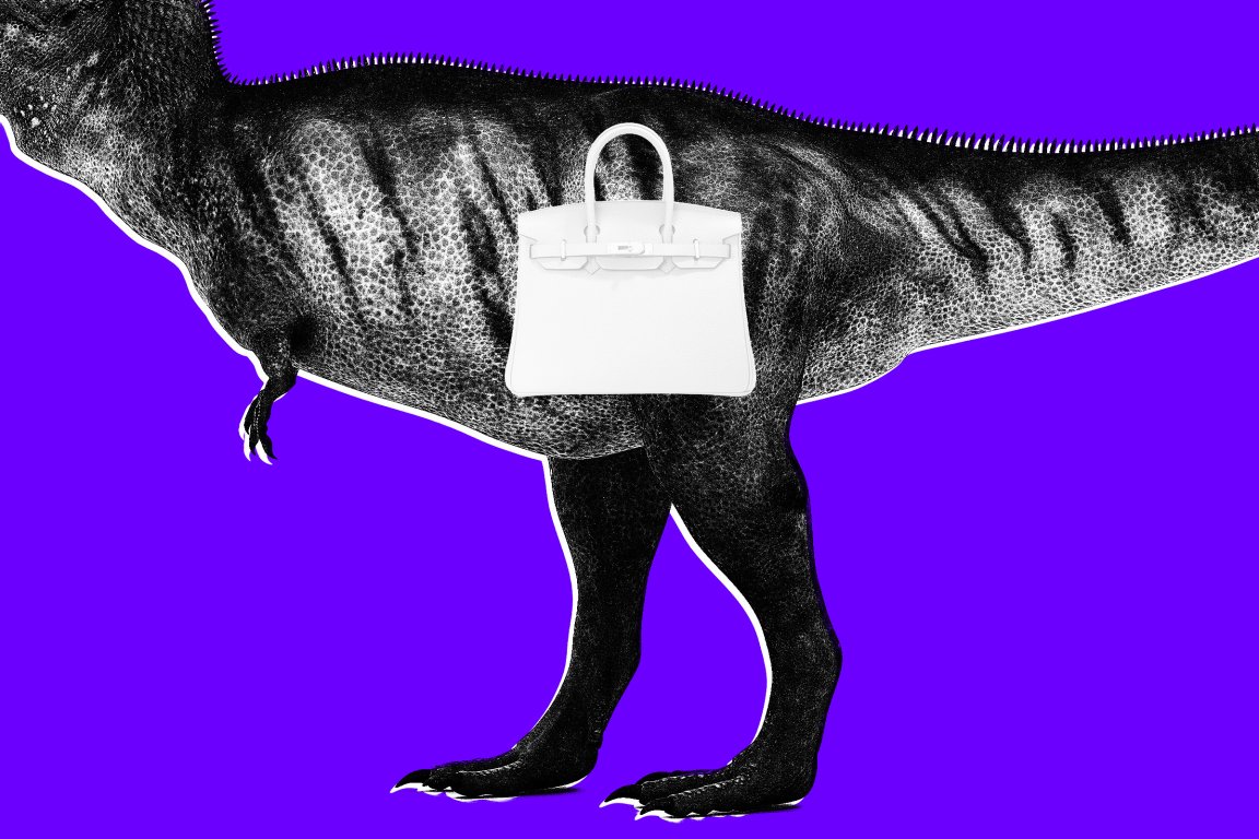 Black and white illustration of a Tyrannosaurus rex with a white handbag placed on its side, set against a solid bright purple background.