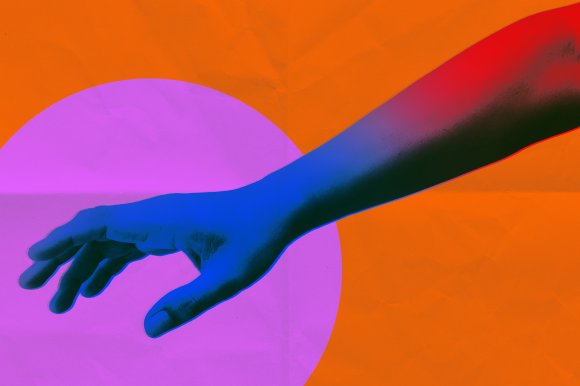 A human arm and hand extended with fingers slightly curved, digitally colorized in blue and red tones, set against a vibrant orange background with a large purple circle behind the hand.