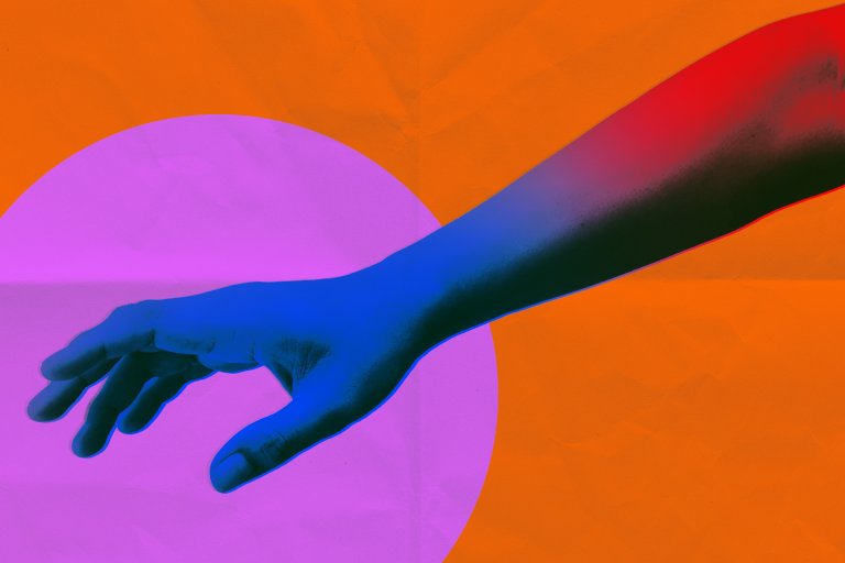 A human arm and hand extended with fingers slightly curved, digitally colorized in blue and red tones, set against a vibrant orange background with a large purple circle behind the hand.