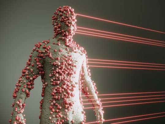 A textured human figure covered in numerous small red and pink spheres, with multiple horizontal red laser beams passing through and around the figure against a dark background.