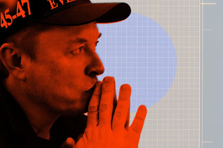 Illustration shows Elon Musk wearing a black cap, resting his chin on his clasped hands. The image has an orange overlay and a blue circular grid pattern in the background.