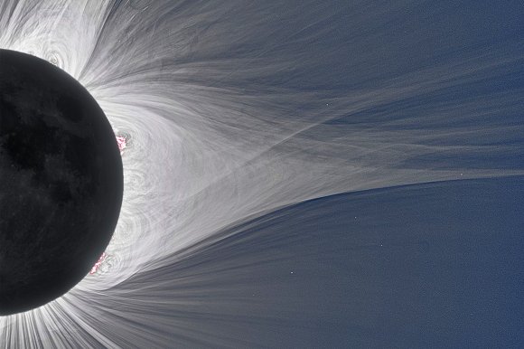 The image shows a solar eclipse with the dark silhouette of the Moon partially covering the Sun. Surrounding the Moon is the Sun's corona, visible as bright, wispy, and radiating streams of plasma extending outward into space against a dark blue background.