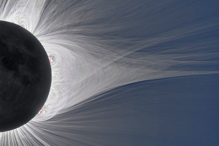 The image shows a solar eclipse with the dark silhouette of the Moon partially covering the Sun. Surrounding the Moon is the Sun's corona, visible as bright, wispy, and radiating streams of plasma extending outward into space against a dark blue background.