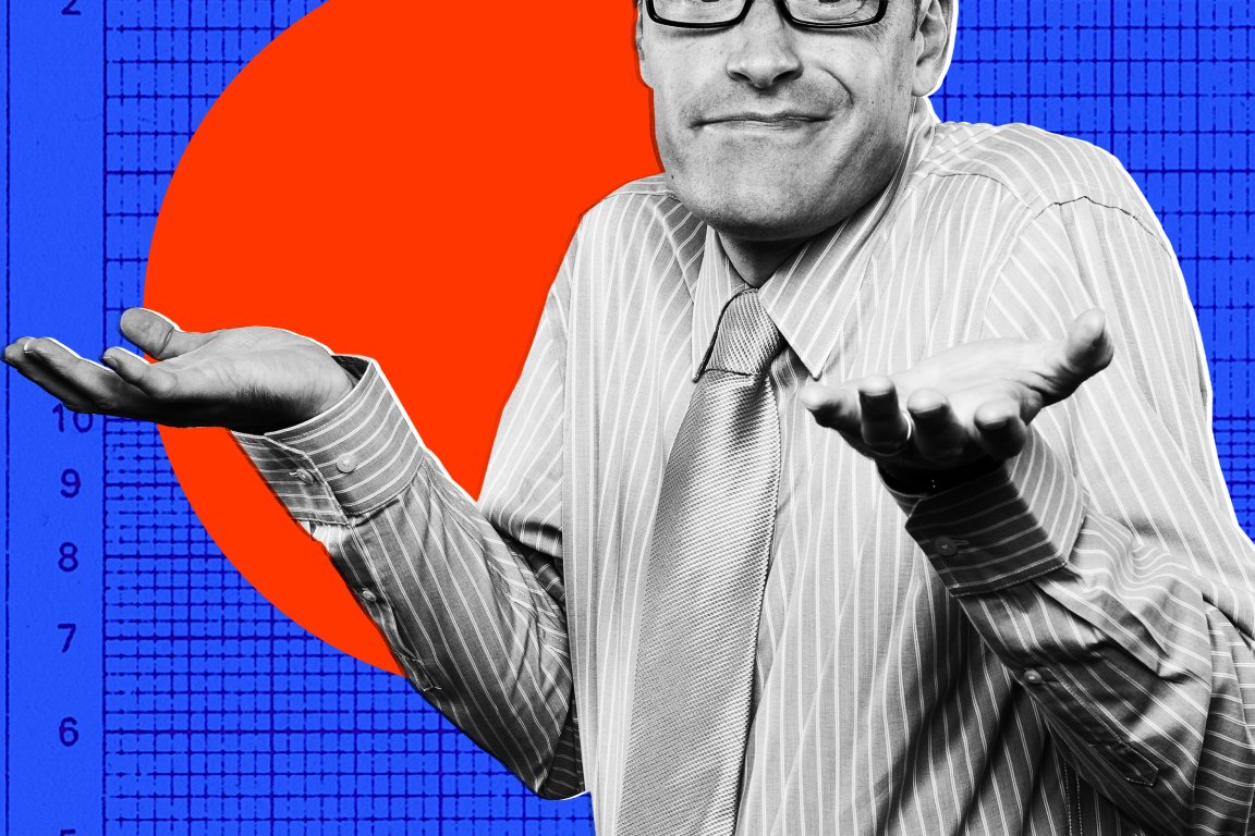 A man wearing glasses, a striped dress shirt, and a tie is shrugging with both hands raised and palms up. The image is in black and white, while the background features a bright blue grid pattern with numbers and a large red circle.