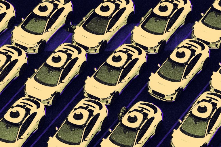 Rows of white autonomous cars with roof-mounted sensors are parked in a lot, viewed from above. The image has a stylized, high-contrast filter with dark blue and yellow tones.