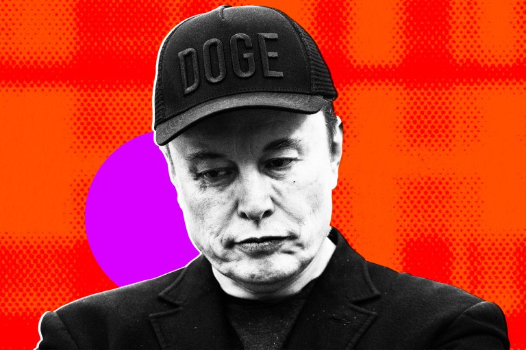 A black and white image of Elon Musk wearing his DOGE hat in front of a red and orange background.