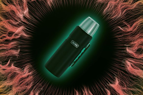 Black Thermos flask with a silver cap and a side handle, centered against a dark background with glowing green light around it and surrounded by wavy, fine, red and orange lines radiating outward.