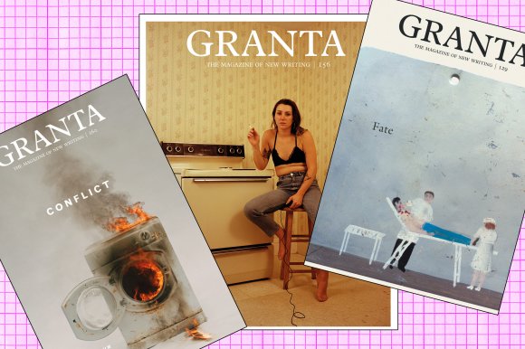 Three covers of Granta magazine are shown. The left cover features a washing machine on fire with the word "CONFLICT." The center cover shows a woman in a black bra and jeans sitting on a stool in a kitchen, holding a cigarette. The right cover depicts a simple painting of two medical figures attending to a patient lying on a table, with the word "Fate.