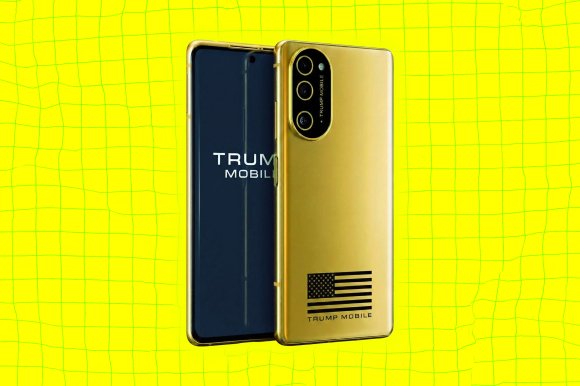 Gold-colored smartphone with triple rear cameras and a black American flag design on the back, labeled "TRUMP MOBILE," displayed against a bright yellow background with a subtle grid pattern. The front screen shows part of the "TRUMP MOBILE" logo.