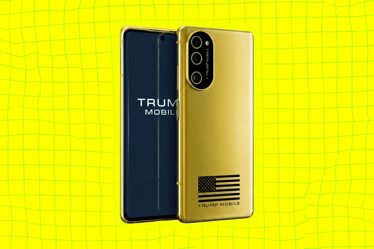 Gold-colored smartphone with triple rear cameras and a black American flag design on the back, labeled "TRUMP MOBILE," displayed against a bright yellow background with a subtle grid pattern. The front screen shows part of the "TRUMP MOBILE" logo.