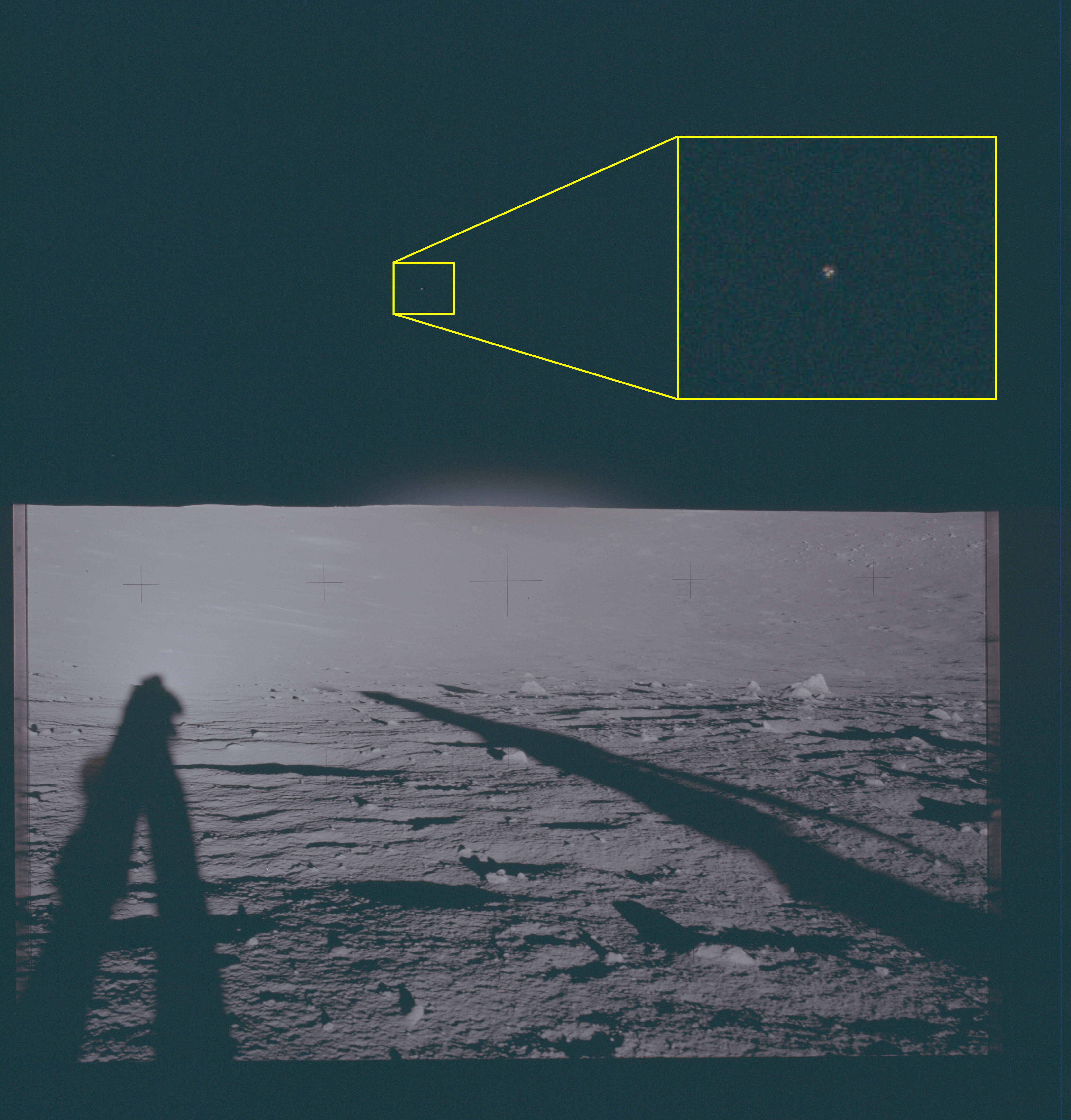 In one Apollo 12 photograph taken by a NASA astronaut on the lunar surface, a strange light can be seen hovering above the horizon in space.