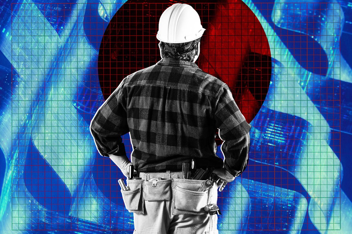 A construction worker wearing a white hard hat and a black-and-gray checkered shirt stands with hands on hips, facing away. The worker has a tool belt with various tools around the waist. The background features a blue and red abstract design with grid lines overlaying it.