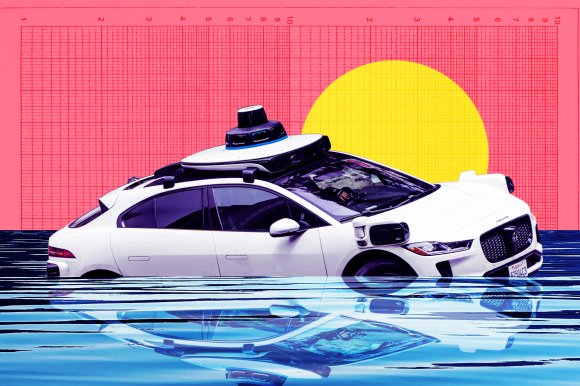 An illustration shows a Waymo equipped with autonomous driving sensors on the roof and sides partially submerged in water. The background features a bright pink grid with a large yellow circle resembling a sun. The car's reflection is visible in the water below.