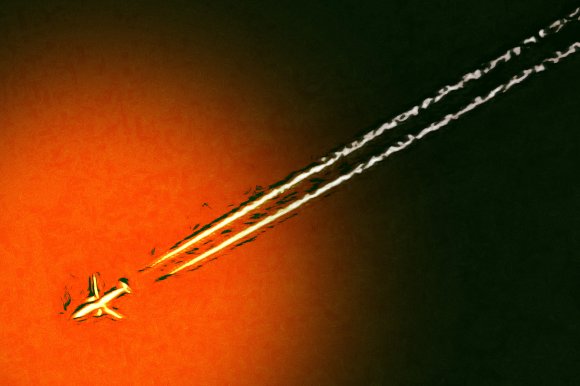 Illustration of a distant jet plane in the sky, with its contrails clearly visible. Color treated to make the sky appear black with an orange and yellow light halo surrounding the aircraft.
