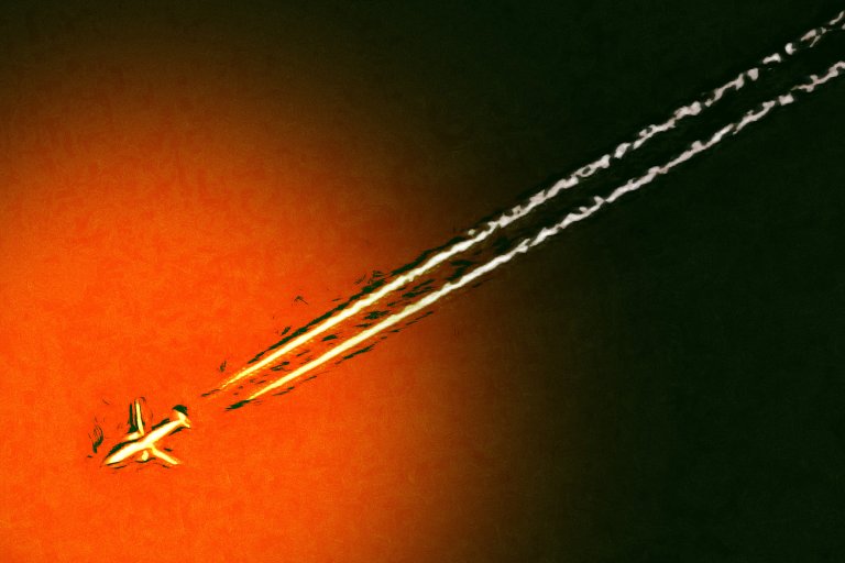 Illustration of a distant jet plane in the sky, with its contrails clearly visible. Color treated to make the sky appear black with an orange and yellow light halo surrounding the aircraft.