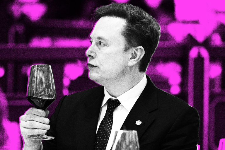 Elon Musk is holding a wine glass filled with red wine, looking to his left. The background is blurred and stylized with a bright pink and black color scheme.