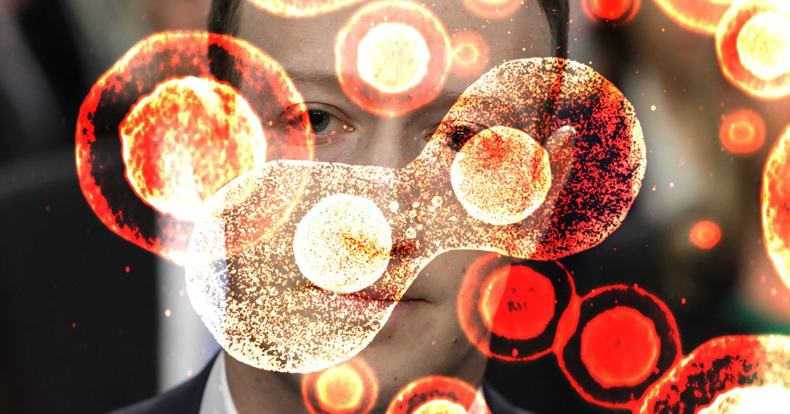 A close-up of Mark Zuckerberg's face, partially obscured by bright, glowing red and orange circular patterns resembling cells or microscopic organisms.
