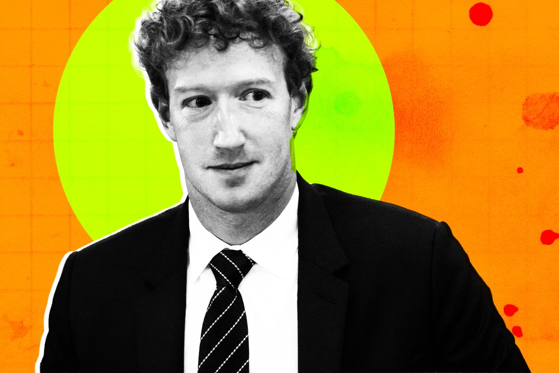 A black-and-white portrait of Mark Zuckerberg wearing a suit, white shirt, and striped tie. The background is bright orange with a large neon green circle behind his head and some red spots scattered around. The image has a graphic, stylized look.