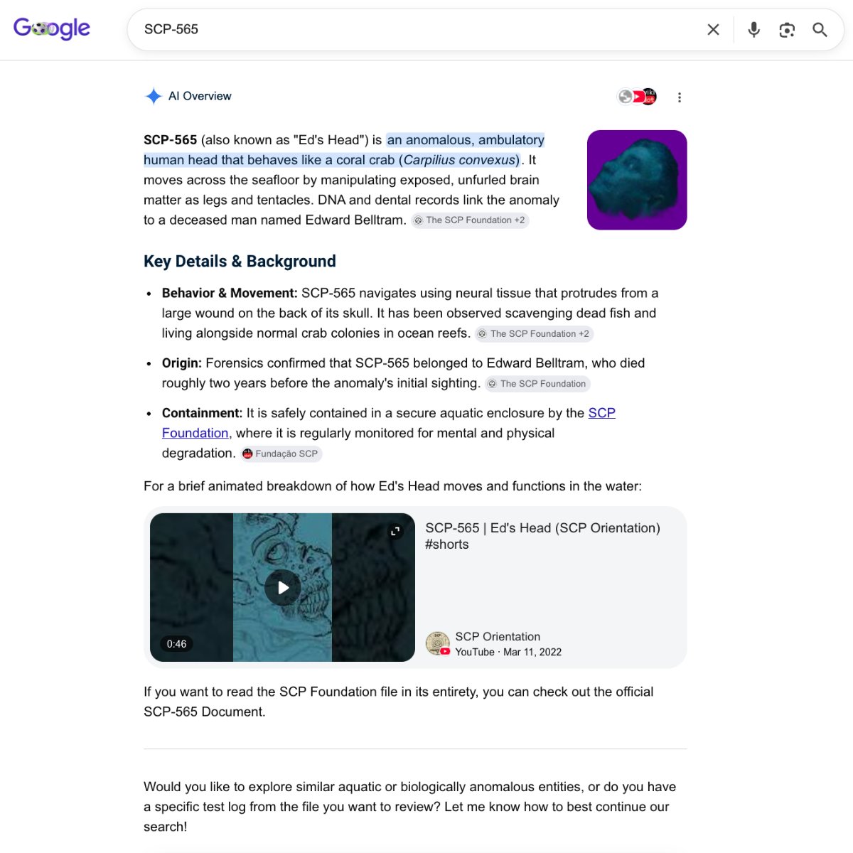 A Google AI Overview for "SCP-565," an installment of the SCP online horror fiction known as "Ed's Head."

