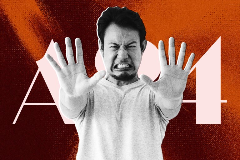 A photo illustration of a man with his hands outstretched in front of him and his face grimacing in a cartoonish gesture of emphatic rejection.