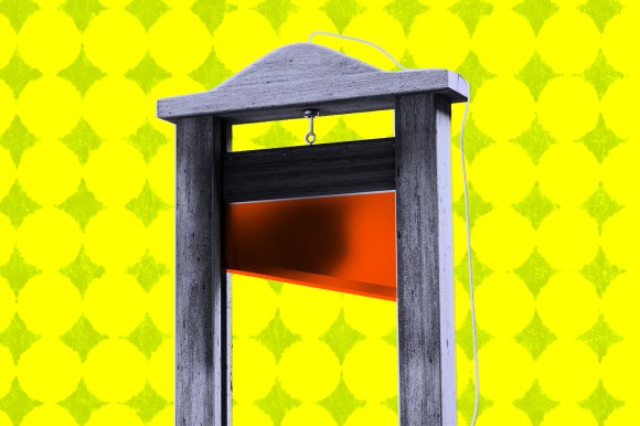 Illustration featuring a the top of a guillotine against a bright yellow and green background.