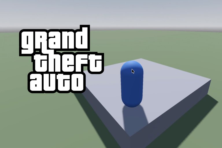 A comic image composition superimposing the Grand Theft Auto log over the screenshot of an extremely simple developed game involving a pill shaped character on a plinth.