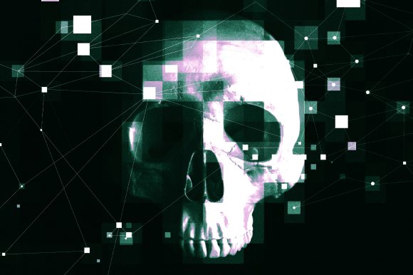 An illustration featuring a skull surrounded by digital bits and ephemera, lightly touched with pixelated artefacting.