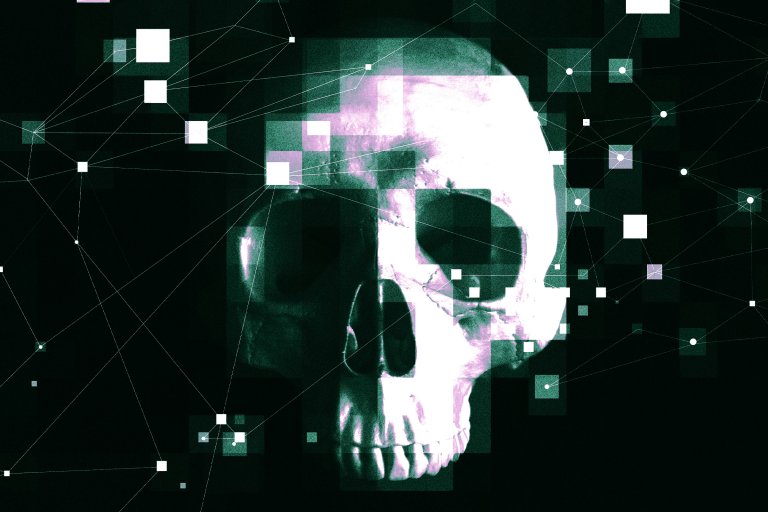 An illustration featuring a skull surrounded by digital bits and ephemera, lightly touched with pixelated artefacting.