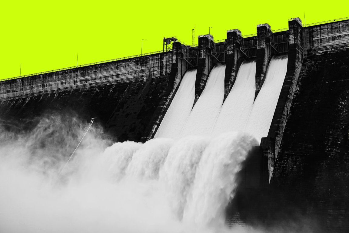 Photo illustration featuring massive dam releasing a deluge of water.