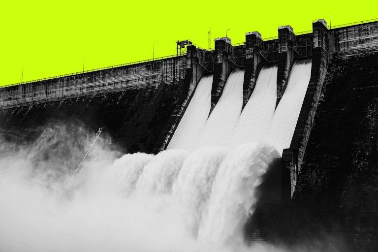 Photo illustration featuring massive dam releasing a deluge of water.