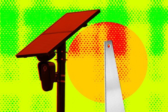 A comic photo illustration featuring the top of a Flock security camera on a pole and a saw blade extending from below, preparing to cut it down.