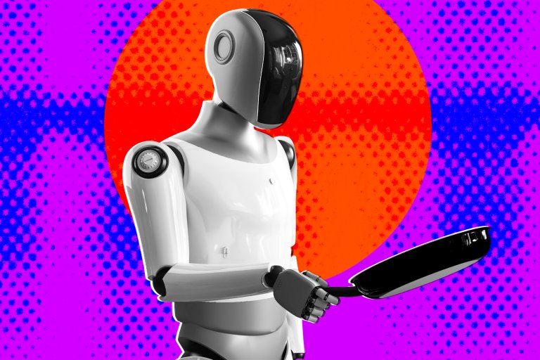 Illustration featuring a humanoid robot holding a frying pan against a background of magenta and orange.