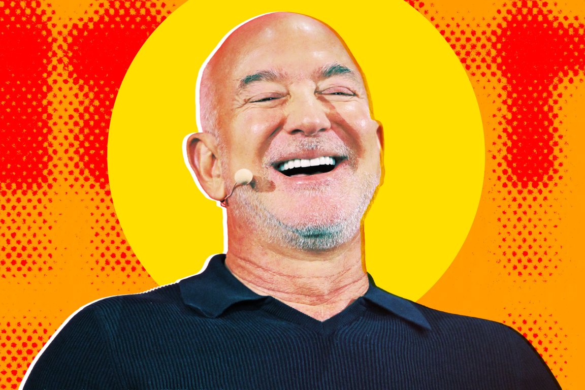 A photo illustration featuring American Businessman Jeff Bezos laughing.