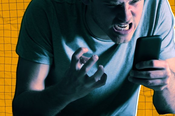 A graphic photo-illustration of a young man expressively seething at his phone while he deals with customer service agents.