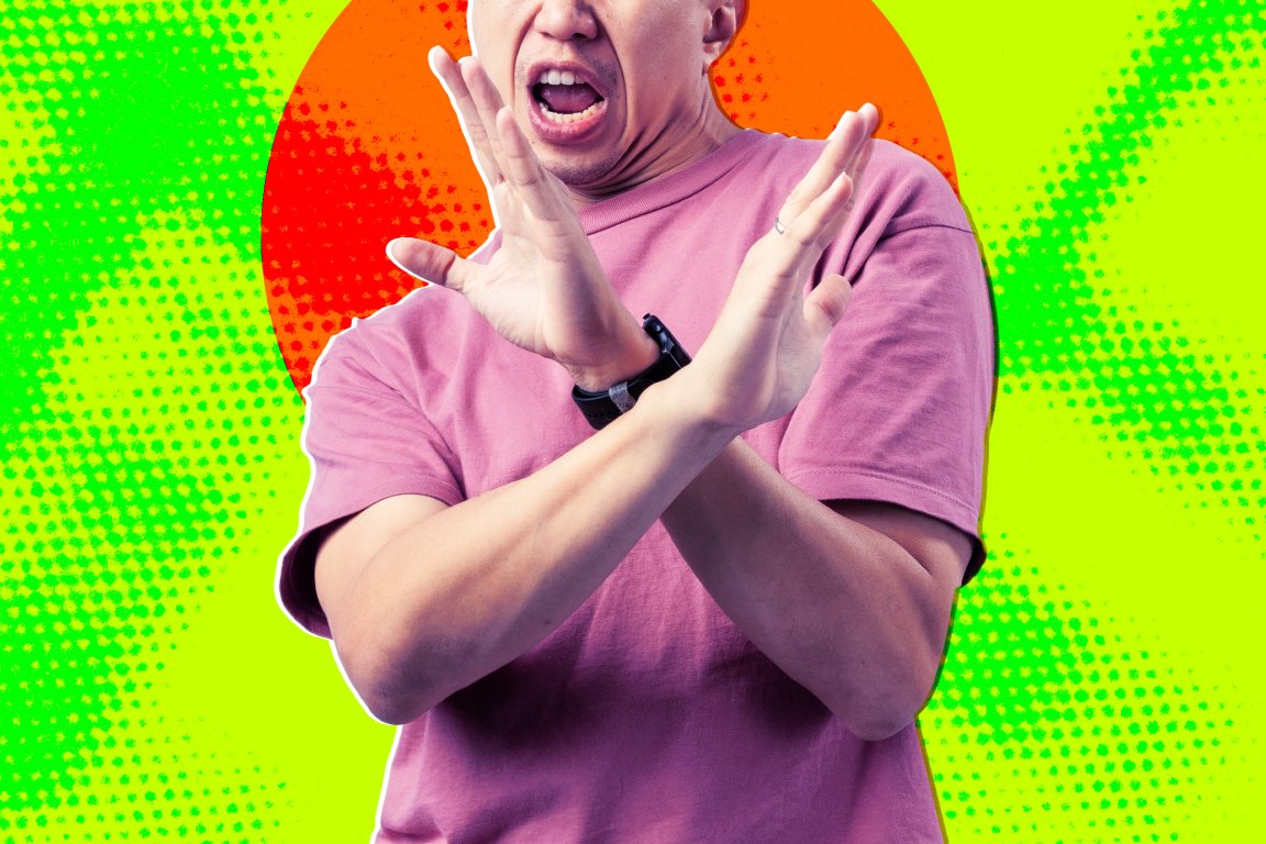 A photo illustration featuring a photograph of a man crossing his arms in front of him in a gesture of overt disapproval.