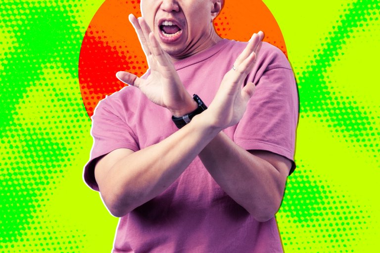 A photo illustration featuring a photograph of a man crossing his arms in front of him in a gesture of overt disapproval.