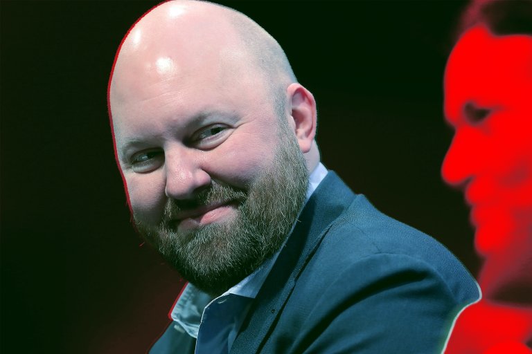A photo illustration featuring a cut out of Andreesen Horowitz partner Marc Andreesen smiling.